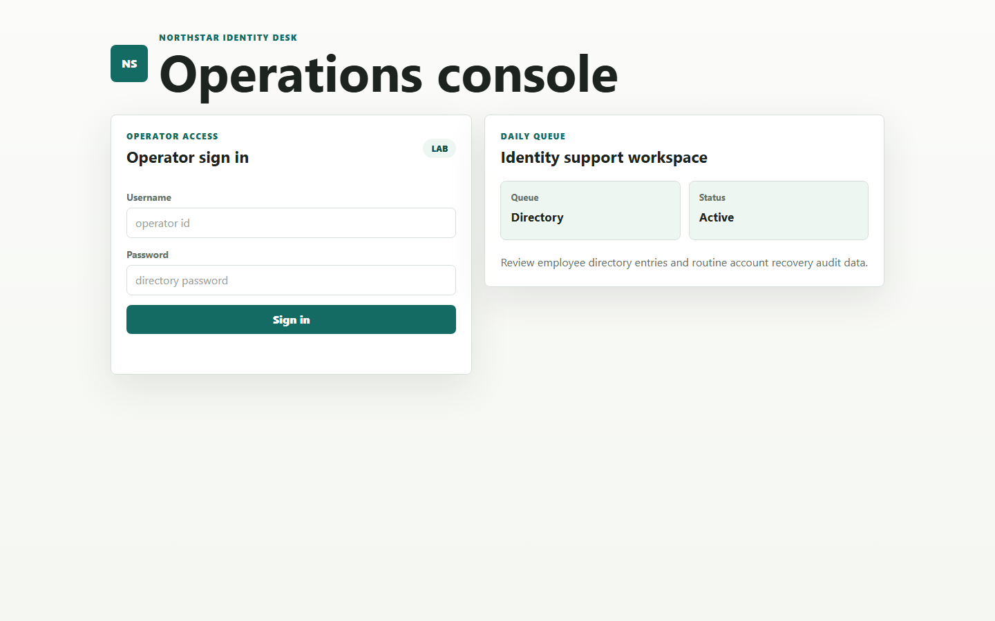 Northstar Identity Desk operator sign-in page